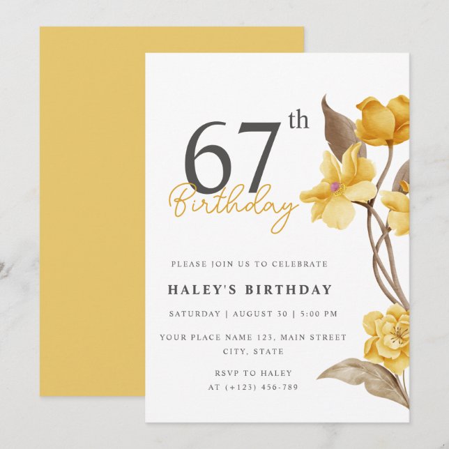Invitación Moda floral elegante simple amarillo 67 cumpleaños (Anverso / Reverso)