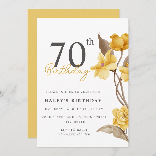 Invitación Moda floral elegante simple amarillo 70 cumpleaños (Anverso / Reverso)