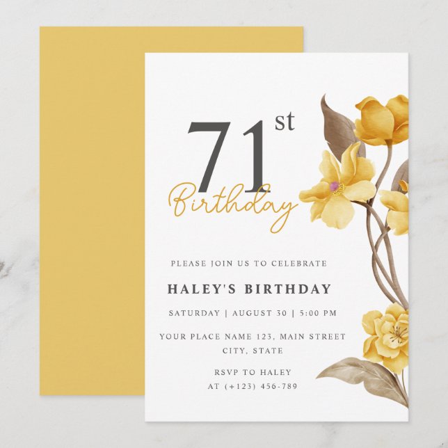 Invitación Moda floral elegante simple amarillo 71 cumpleaños (Anverso / Reverso)