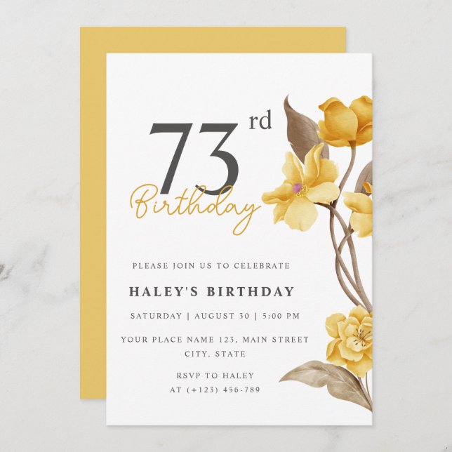 Invitación Moda floral elegante simple amarillo 73 cumpleaños (Anverso / Reverso)