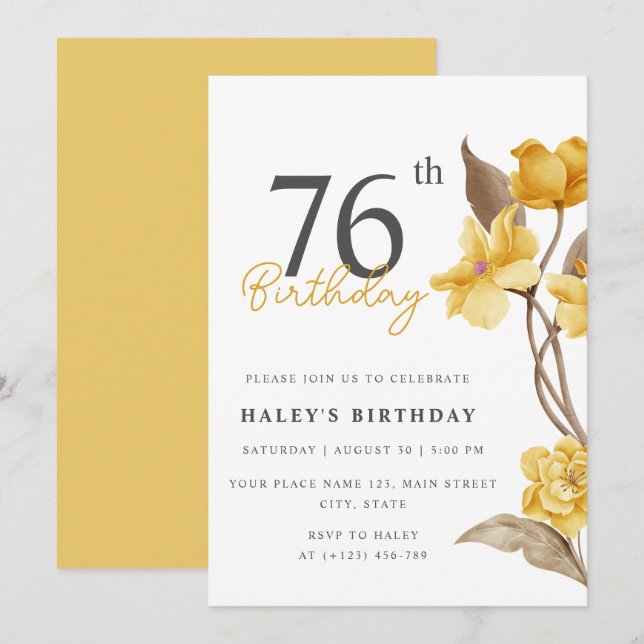 Invitación Moda floral elegante simple amarillo 76 cumpleaños (Anverso / Reverso)
