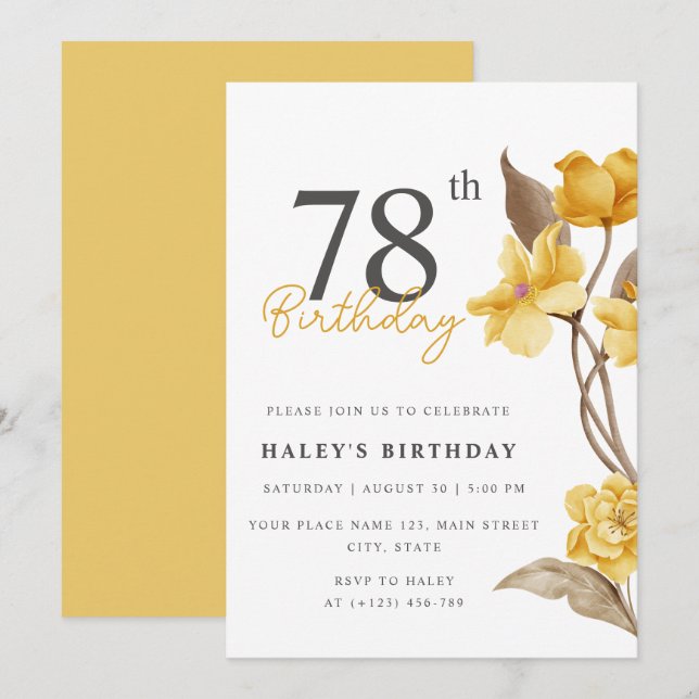 Invitación Moda floral elegante simple amarillo 78 cumpleaños (Anverso / Reverso)