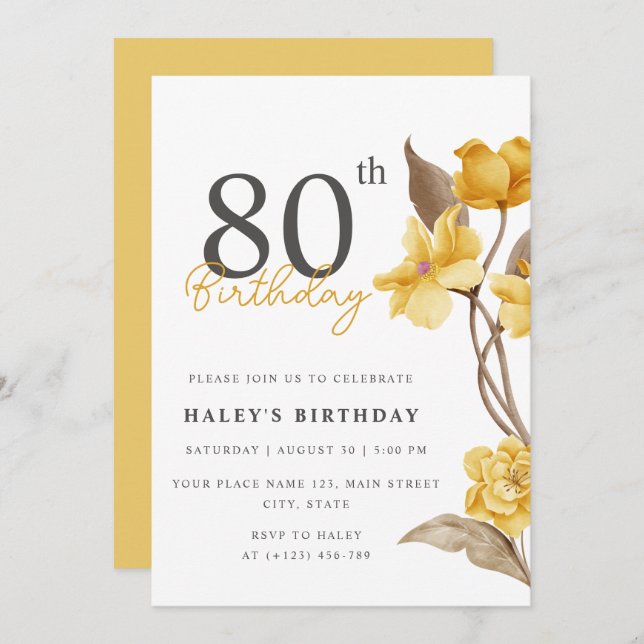 Invitación Moda floral elegante simple amarillo 80 cumpleaños (Anverso / Reverso)