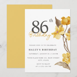 Invitación Moda floral elegante simple amarillo 86 cumpleaños