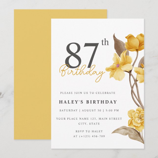 Invitación Moda floral elegante simple amarillo 87 cumpleaños (Anverso / Reverso)