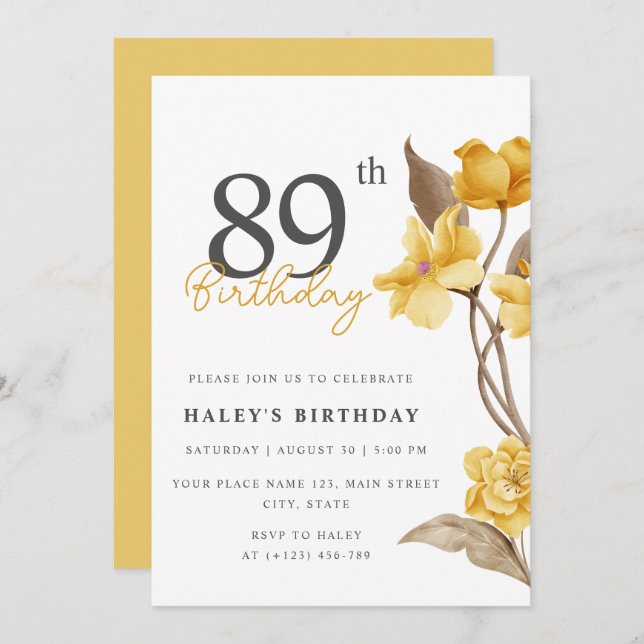Invitación Moda floral elegante simple amarillo 89 cumpleaños (Anverso / Reverso)