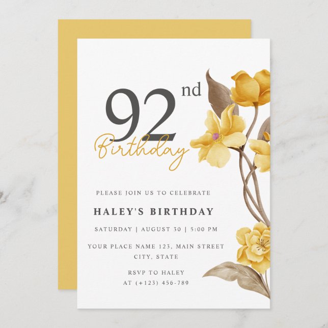 Invitación Moda floral elegante simple amarillo 92 cumpleaños (Anverso / Reverso)