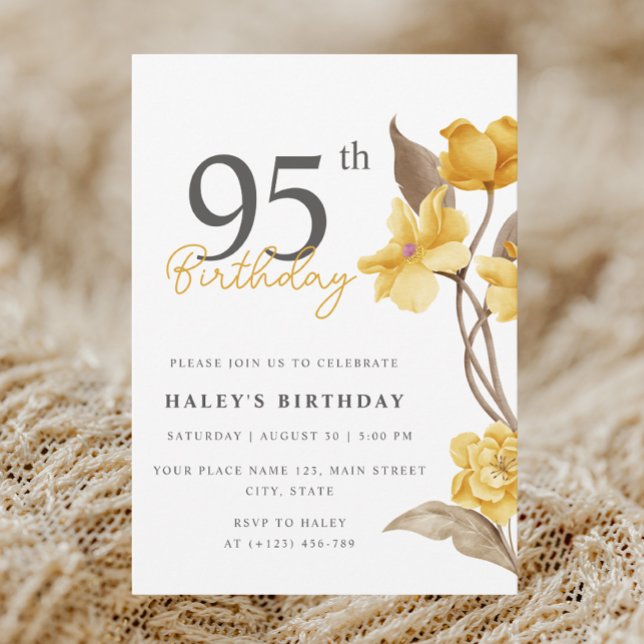 Invitación Moda floral elegante simple amarillo 95 cumpleaños (Subido por el creador)