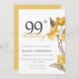Invitación Moda floral elegante simple amarillo 99 cumpleaños
