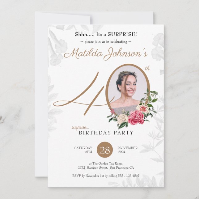 Invitación Moda Floral Foto Botánica Sorpresa 40 cumpleaños (Anverso)
