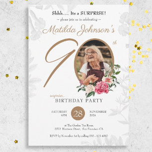 Invitación Moda Floral Foto Sorpresa 90 cumpleaños fiesta