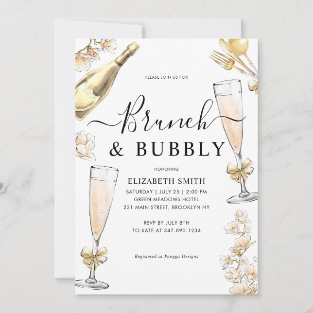 Invitación Moda Floral Gold Brunch y ducha Bubbly Bridal (Anverso)
