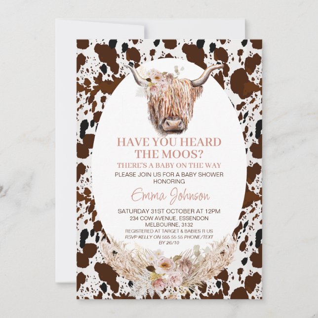 Invitación Moda Floral Highland Piel de vaca de vaca Baby Sho (Anverso)
