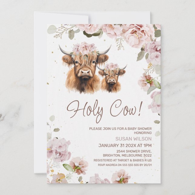 Invitación Moda Floral Holy Cow Highland Cow Baby Shower (Anverso)