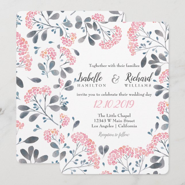 Invitación Moda floral marco rosa gris boda de acuarela (Anverso / Reverso)