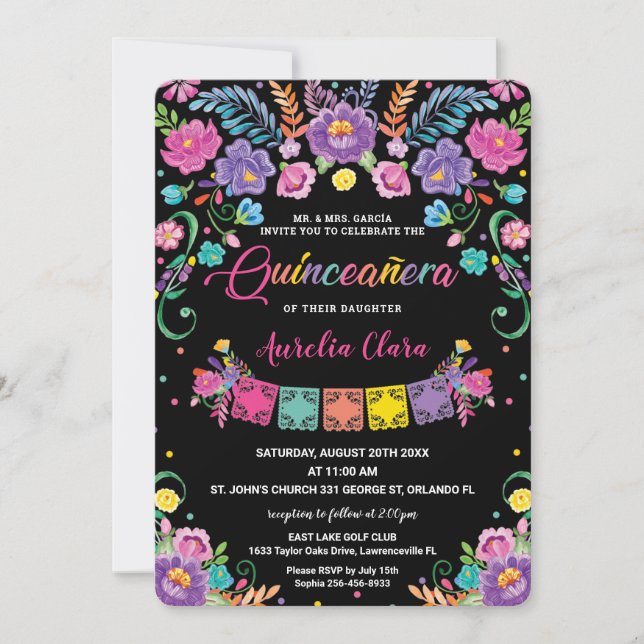 Invitación Moda Floral Mexicana Quinceañera 15 Anos Cumpleaño (Anverso)