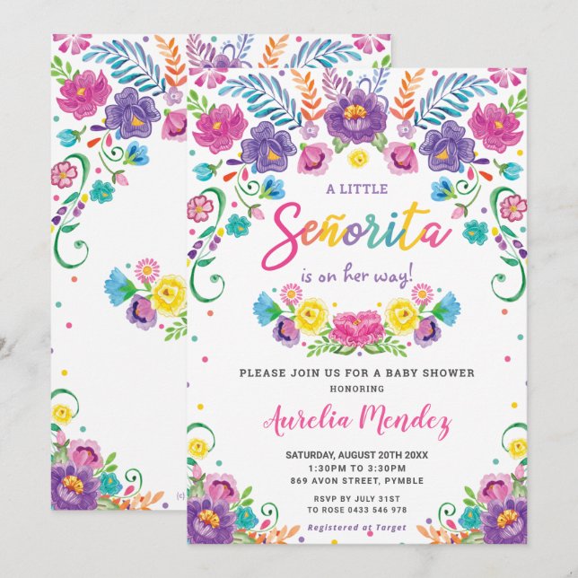 Invitación Moda floral mexicana Senorita Baby Shower Chica (Anverso / Reverso)