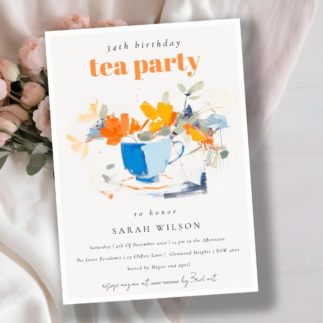 Invitación Moda Floral moderna Tea Cup Cumpleaños Fiesta de t (Subido por el creador)