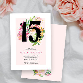 Invitación Moda floral número 15 Quinceanera rosa y dorada