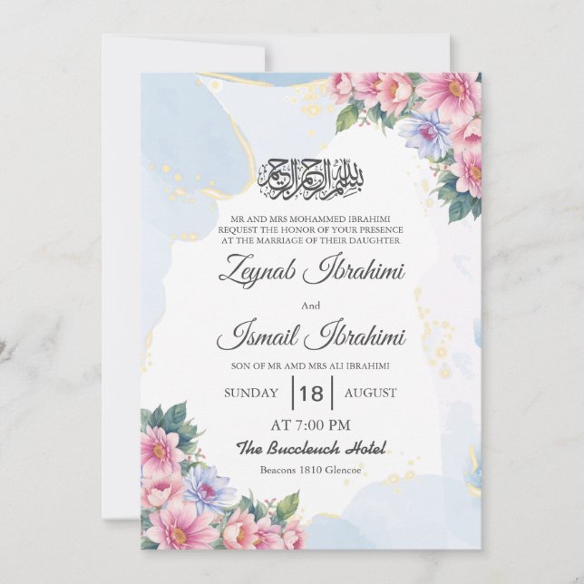 Invitación Moda Floral Oro Azul Boda musulmana islámica (Anverso)
