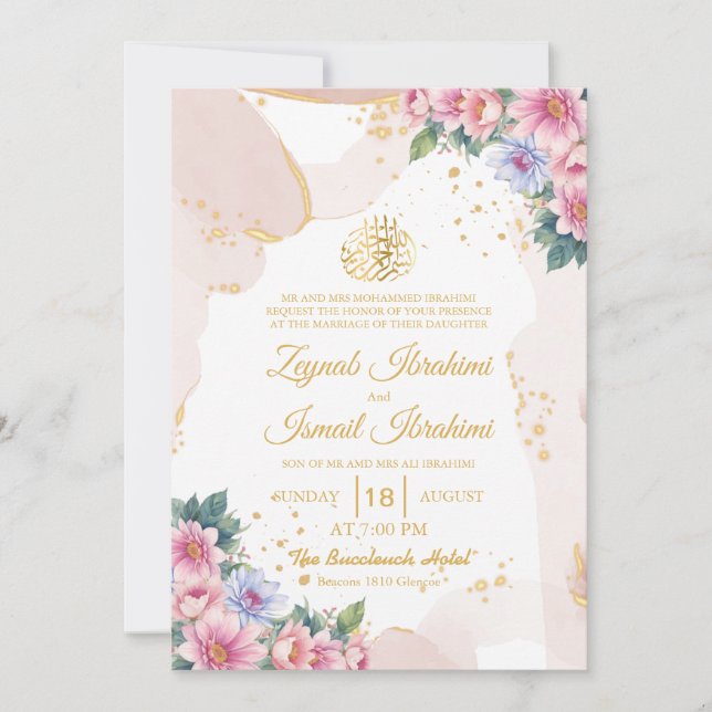 Invitación Moda Floral Oro Beige Boda musulmán islámico (Anverso)