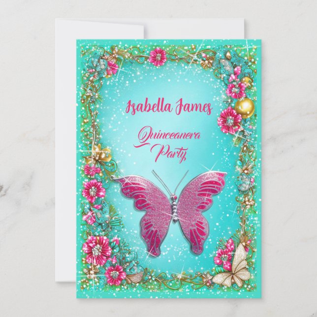 Invitación moda floral Quinceañera turquesa mariposa rosa (Anverso)