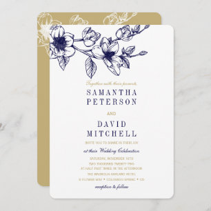 Invitación Moda Floral Rama Magnolia Marina Boda de ORO Azul