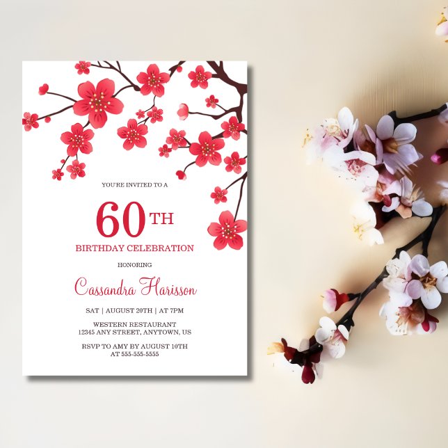 Invitación Moda Floral Rojo Cerezo Floreciente Sakura Cumplea (Subido por el creador)