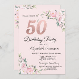 Invitación Moda Floral Rosa 50. Fiesta de cumpleaños