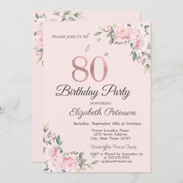 Invitación Moda Floral Rosa 80ª fiesta de cumpleaños (Anverso / Reverso)
