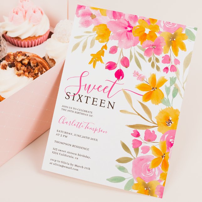 Invitación Moda floral rosa amarillo anaranjado Dulce 16 (Subido por el creador)