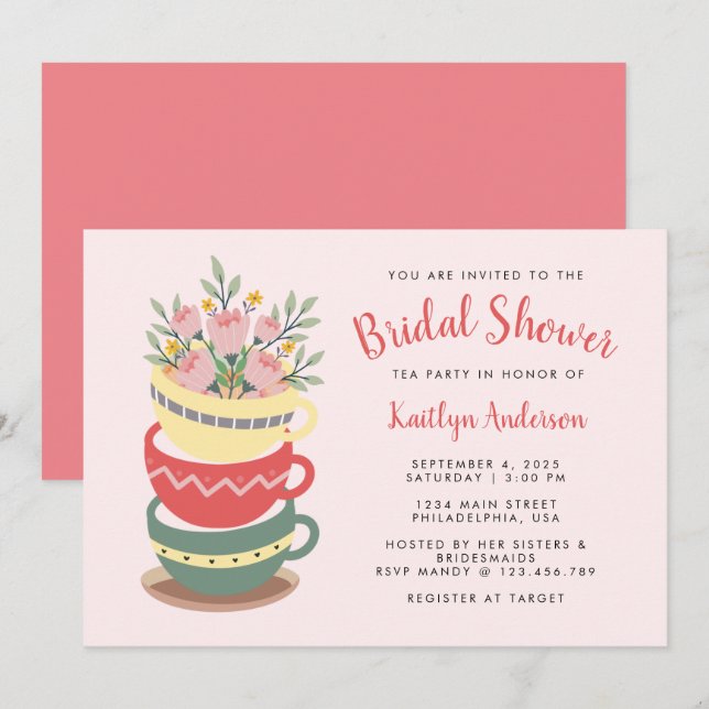 Invitación Moda Floral Rosa Bridal Shower Fiesta de té (Anverso / Reverso)