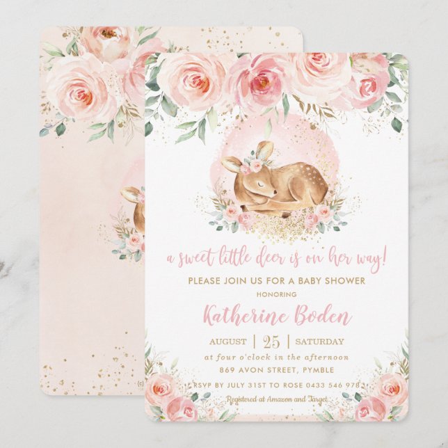 Invitación Moda Floral rosa Cute bebé Chica de venado Baby Sh (Anverso / Reverso)