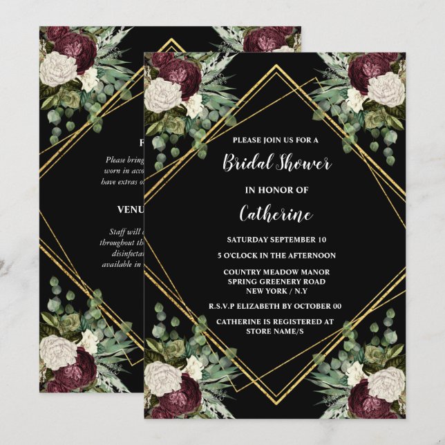 Invitación Moda floral rosa de marrón dorada blanca (Anverso / Reverso)
