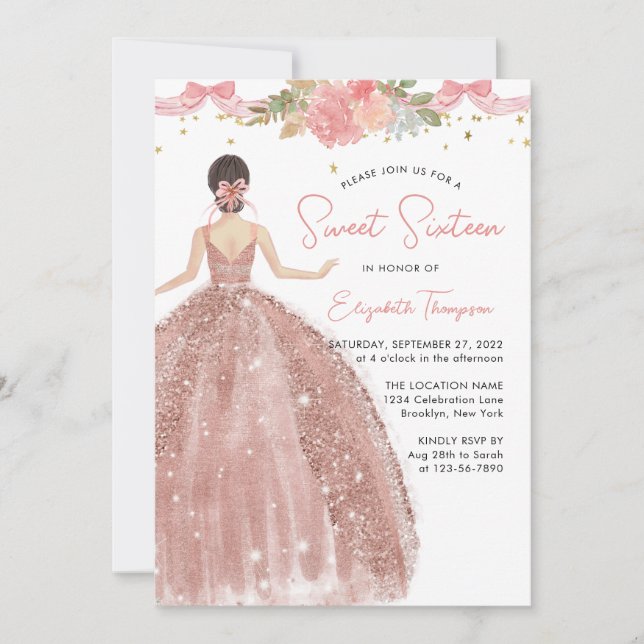 Invitación Moda Floral Rosa Dorado Dulce 16 Cumpleaños (Anverso)