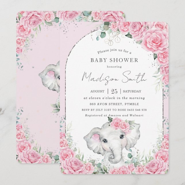 Invitación Moda Floral Rosa Dulce Elefante Baby Shower (Anverso / Reverso)