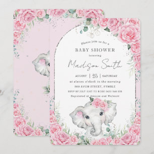 Invitación Moda Floral Rosa Dulce Elefante Baby Shower