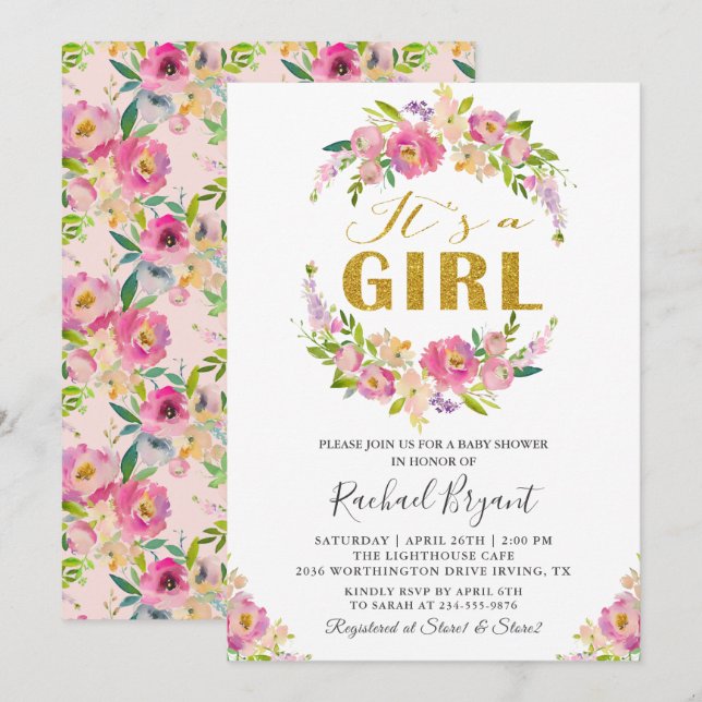 Invitación Moda Floral rosa es un Baby Shower Chica (Anverso / Reverso)
