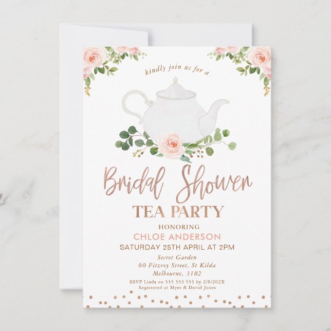 Invitación Moda Floral Rosa Foliage Tea Fiesta Bridal Ducha (Anverso)
