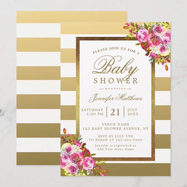 Invitación Moda floral rosa franjas blancas de oro Baby Showe (Anverso / Reverso)