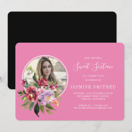 Invitación Moda Floral Rosa Negro Foto Dulce 16