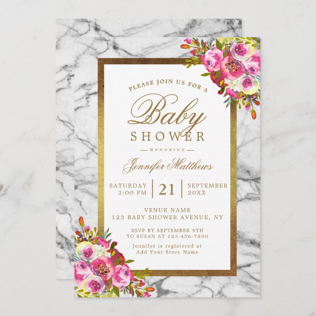 Invitación Moda floral rosa oro negro de mármol Baby Shower (Anverso / Reverso)