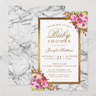 Invitación Moda floral rosa oro negro de mármol Baby Shower