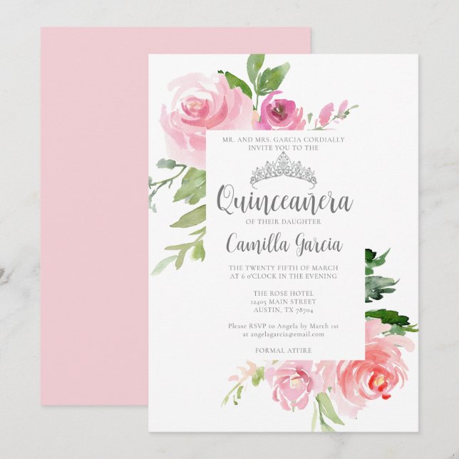 Invitación Moda Floral rosa Quinceañera Fiesta Tiara Plata (Anverso / Reverso)