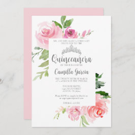 Invitación Moda Floral rosa Quinceañera Fiesta Tiara Plata