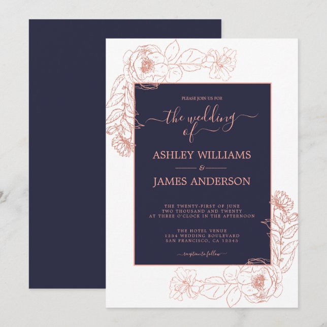 Invitación Moda Floral Rosa Rosa Oro Azul oscuro Boda (Anverso / Reverso)