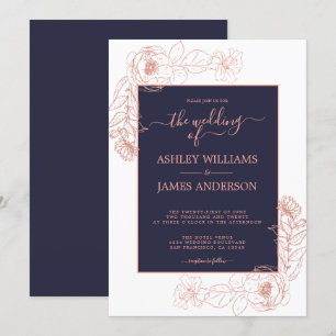 Invitación Moda Floral Rosa Rosa Oro Azul oscuro Boda