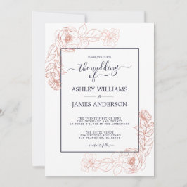 Invitación Moda Floral Rosa Rosa Oro Azul oscuro Boda