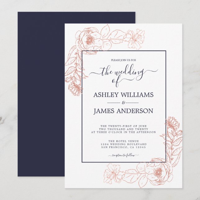 Invitación Moda Floral Rosa Rosa Oro Azul oscuro Boda (Anverso / Reverso)