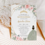 Invitación Moda Floral Rosa Sage Green Princesa Quinceañera<br><div class="desc">Esta invitación de moda de Quinceañera tiene un marco geométrico de purpurina dorado adornado con delicados colores de agua rosa floral y suave vegetación de sabores y un chica con un bonito vestido verde salado. Personalízalo con tus detalles de forma fácil y rápida, simplemente pulsa el botón personalizar it para...</div>